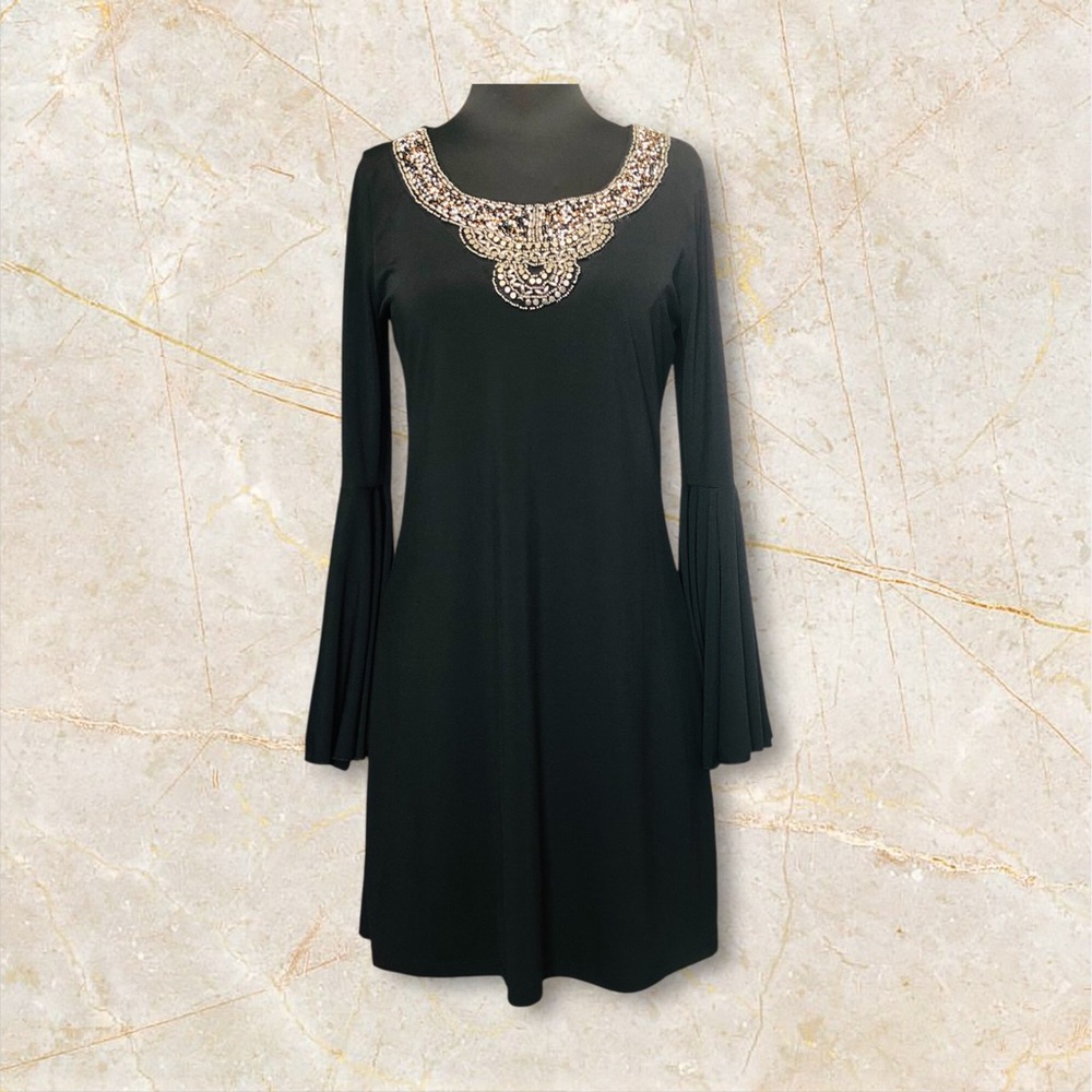 Haani Black Dress with Embellished Neckline Size S Dramatic Sleeves